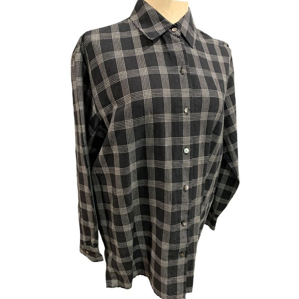 Small Style & Co Women's Black White Linen Blend Button Up Tunic Blouse